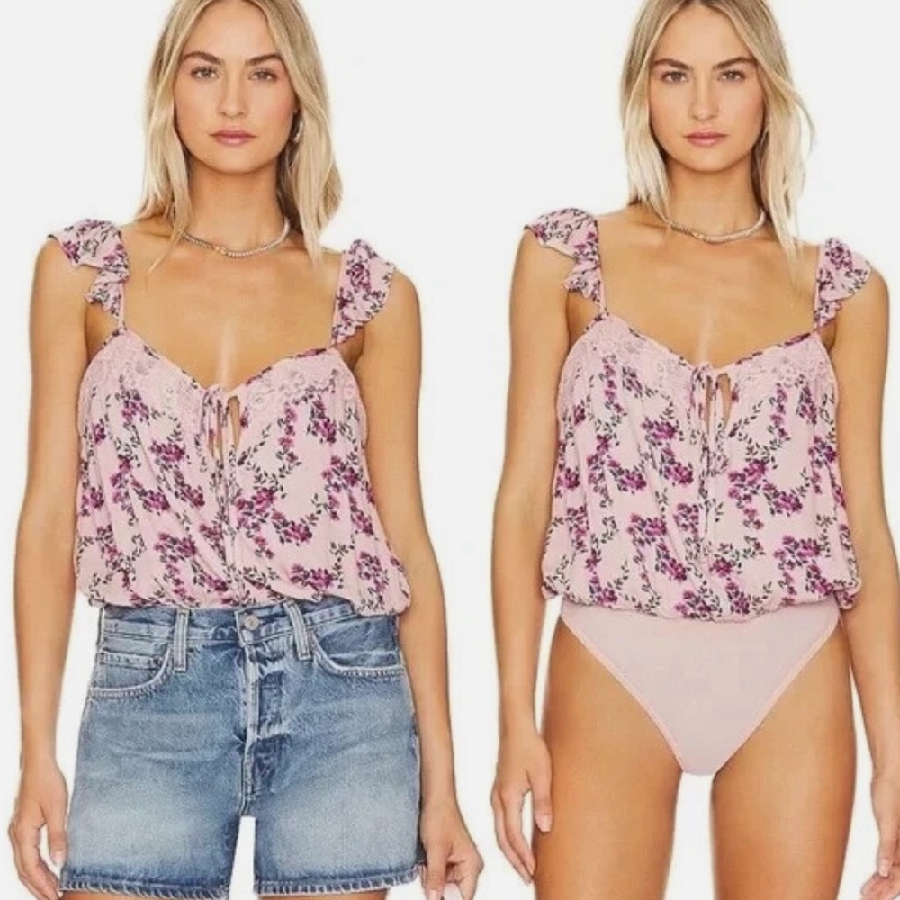 Free People Pink Lace Floral Ruffle Sleeve Romantic Coquette Fairy Bodysuit S
